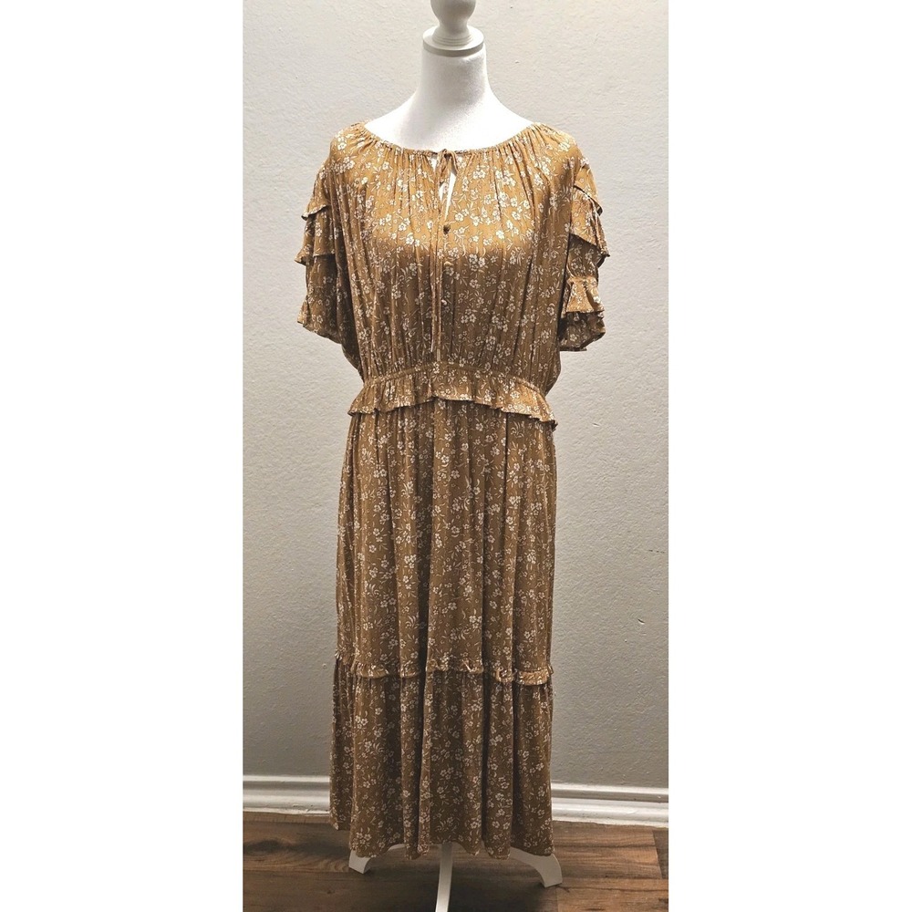 THML‎ Anthropologie Floral Tiered Maxi Dress Sz Large Mustard Boho Chic Prairie